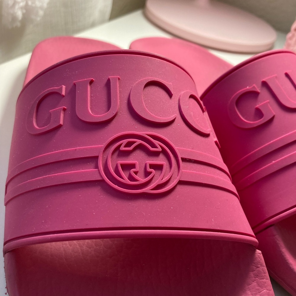 Gucci Hot Pink Rubber Logo Slides